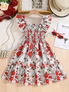 INCLUD Girls Floral Print Square Neck Smocked Fit & Flare Dress