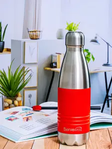 Servewell Red & Steel Stainless Steel Printed Double Wall Vacuum Water Bottle - 500 ml
