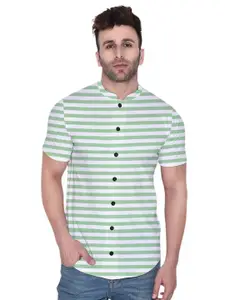 BEYOU FASHION Men Horizontal Striped Mandarin Collar Cotton Casual Shirt