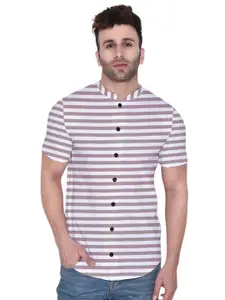 BEYOU FASHION Men Horizontal Striped Mandarin Collar Cotton Casual Shirt