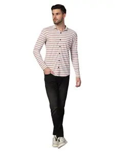 BEYOU FASHION Men Horizontal Striped Spread Collar Cotton Casual Shirt