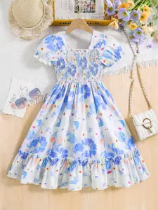INCLUD Girls Floral Printed Smocked Fit & Flare Knee Length Dresses