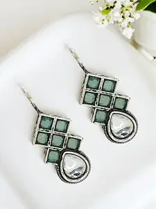 FEMMIBELLA Silver-Plated Artificial Stones Studded Diamond Shaped Oxidised Drop Earrings