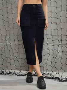 SASSAFRAS Box Pocket Pleated Front Slit Pencil Midi Skirt