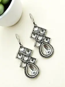 FEMMIBELLA Silver-Plated Artificial Stones Studded Diamond Shaped Oxidised Drop Earrings