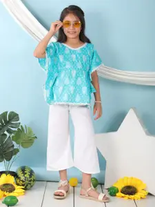 Sangria Girls Floral Printed Pure Cotton Kaftan Top With Trousers