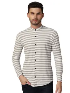 BEYOU FASHION Men Horizontal Striped Mandarin Collar Cotton Casual Shirt