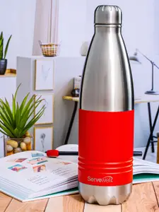 Servewell Red & Steel Stainless Steel Printed Double Wall Vacuum Water Bottle - 1 L