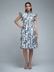 Roadster Women Abstract Printed Flutter Sleeves Shirt Collar Fit and Flare Dress