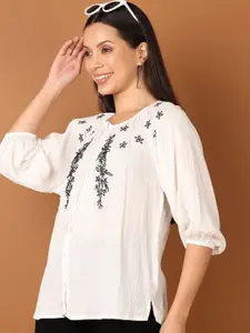 V-Mart Floral Embroidered Thread Work Pure Cotton Kurti