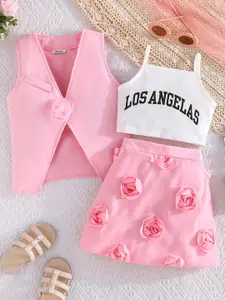 INCLUD Girls Printed Shoulder Straps Top With Skirt & Waistcoat