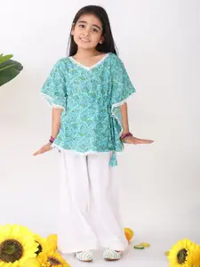Sangria Girls Floral Printed Pure Cotton Kaftan Top With Trousers Clothing Set