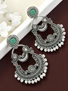 FEMMIBELLA Silver-Plated Kundan Studded & Beaded Circular Shaped Oxidised Chandbalis