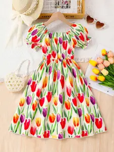 INCLUD Floral Print Puff Sleeve Fit & Flare Dress