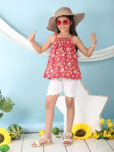 Sangria Girls Floral Printed Pure Cotton Top With Shorts