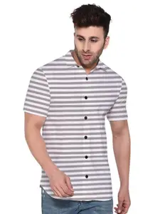 BEYOU FASHION Men Horizontal Striped Spread Collar Cotton Casual Shirt