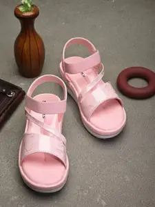 BAESD Girls Pink & White Printed Synthetic Patent Casual Regular Wedge Sandals