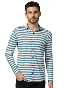BEYOU FASHION Men Horizontal Striped Spread Collar Cotton Casual Shirt
