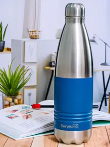 Servewell Blue & Steel Stainless Steel Printed Double Wall Vacuum Water Bottle - 1 L