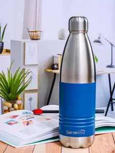 Servewell Blue & Steel Stainless Steel Printed Double Wall Vacuum Water Bottle - 750 ml