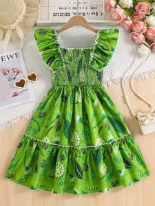 INCLUD Girls Square Neck Floral Printed Smocked Ruffles Fit & Flare Dress