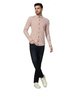 BEYOU FASHION Men Horizontal Striped Spread Collar Cotton Casual Shirt