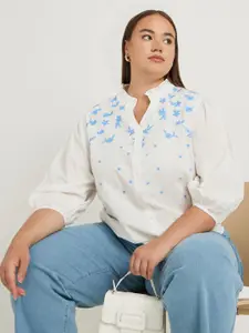 Styli Women Floral Embroidered Mandarin Collar Puff Sleeve Cotton Blouson Top