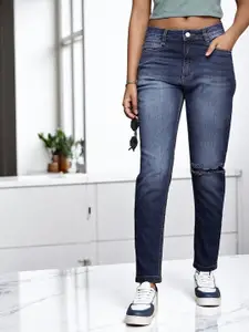 GUTI Women Slim Fit High-Rise Slash Knee Light Fade Stretchable Jeans