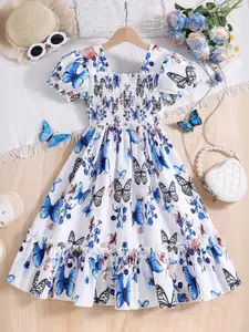 INCLUD Girl Butterfly Print Puff Sleeve Smocked Fit & Flare Dress