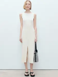 MANGO Boat Neck Knitted Front Slit Sheath Midi Dress