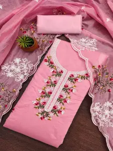 Peachmode Floral Embroidered Embellished Chanderi Cotton Unstitched Dress Material