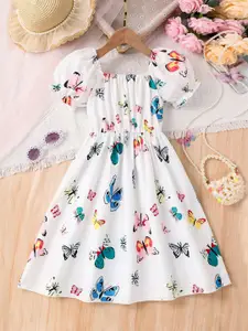 INCLUD Girls Animal Print Gathered or Pleated Puff Sleeve Fit & Flare Dress