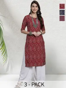Anouk Rustic Selection Of 3 Bandhani Printed Round Neck Straight Kurtas