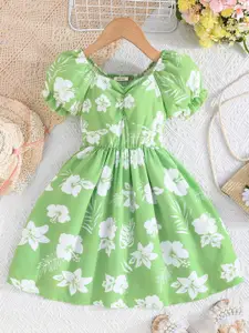 INCLUD Girls Floral Print Puff Sleeve Fit & Flare Dress