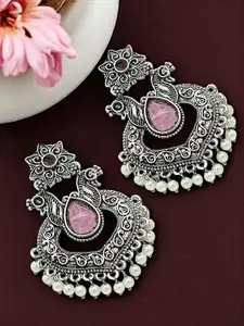 FEMMIBELLA Silver-Plated Artificial Stones Studded & Beaded Floral Oxidised Chandbalis