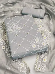 Peachmode Floral Embroidered Thread Work Unstitched Dress Material