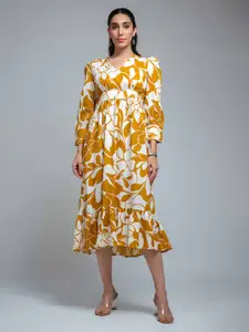 Roadster Women Tribal Printed Layered Cuffed Sleeves Midi Drop-Waist Dress