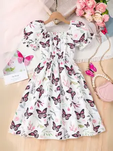 INCLUD Girls Printed Puff Sleeve Fit & Flare Dress