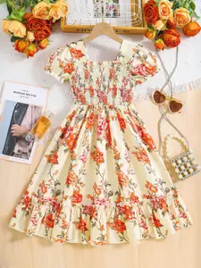 INCLUD Girls Floral Printed Square Neck Smocked Puff Sleeve Fit & Flare Dress