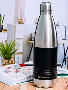 Servewell Black & Steel Stainless Steel Printed Double Wall Vacuum Water Bottle - 1 L