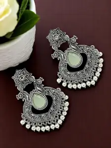 FEMMIBELLA Silver-Plated Artificial Stones Studded & Beaded Peacock Oxidised Chandbalis