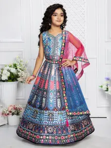 NKV Girls Printed Mirror Work Lehenga With Blouse & Dupatta