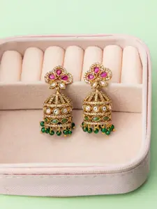 Niscka Gold-Plated Artificial Stones Studded & Beaded Dome Shaped Jhumkas