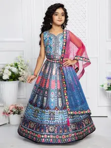 NKV Girls Ethnic Motifs Printed Mirror Work Ready to Wear Lehenga & Blouse With Dupatta