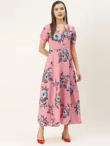 DressBerry Women Floral Print Puff Sleeve Crepe A-Line Maxi Dress