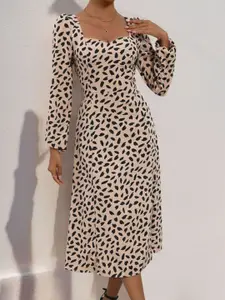 bebe Abstract Print Square Neck Puff Sleeve Tie-Back Midi Dress