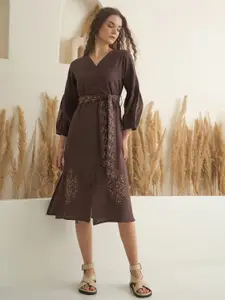 Sangria Printed Pure Cotton A-Line Dress With Waist Belt