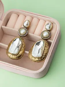 Niscka Gold-Plated Artificial Stones Studded & Beaded Circular Shaped Drop Earrings