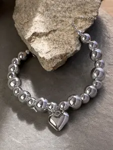 SOHI Metallic Silver-Plated Beaded Heart Shaped Puffer-Cuoer Collar Necklace