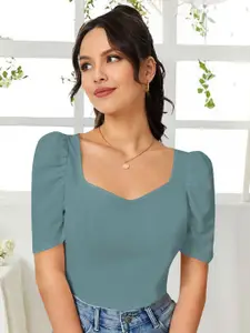 Dream Beauty Fashion Women Solid Sweetheart Neck Puff Sleeve Top